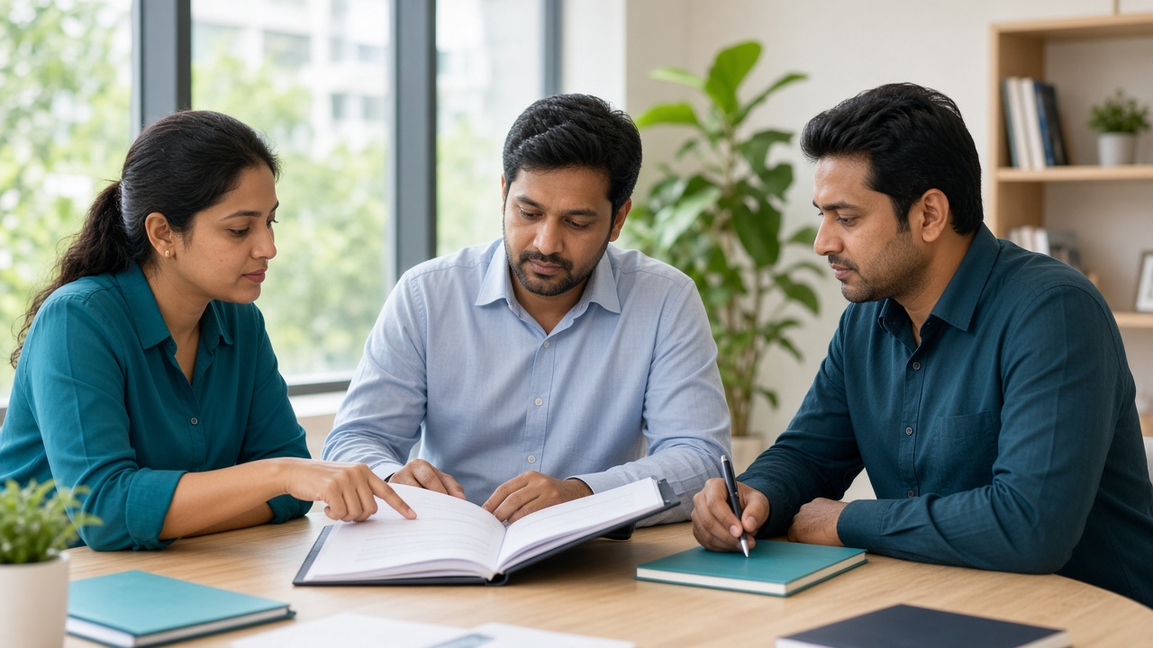 Buyer, seller and advisor reviewing a property agreement together in an office