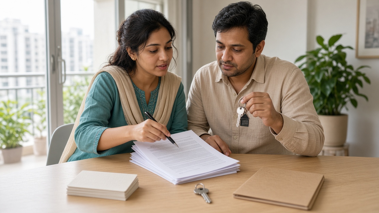 Landlord and tenant reviewing a rent agreement and keys at a table in a Delhi apartment