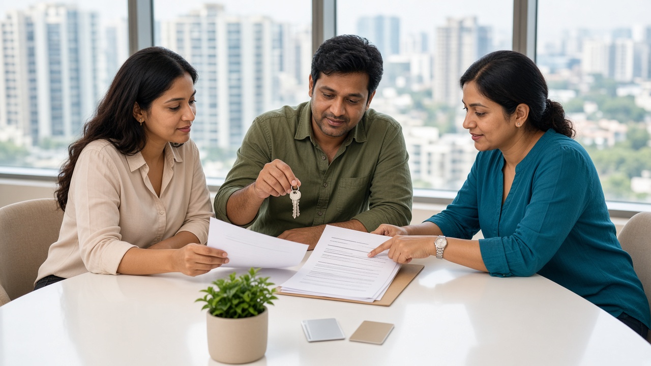 Landlord, tenant and advisor reviewing a Haryana rent agreement and keys in a Gurugram apartment