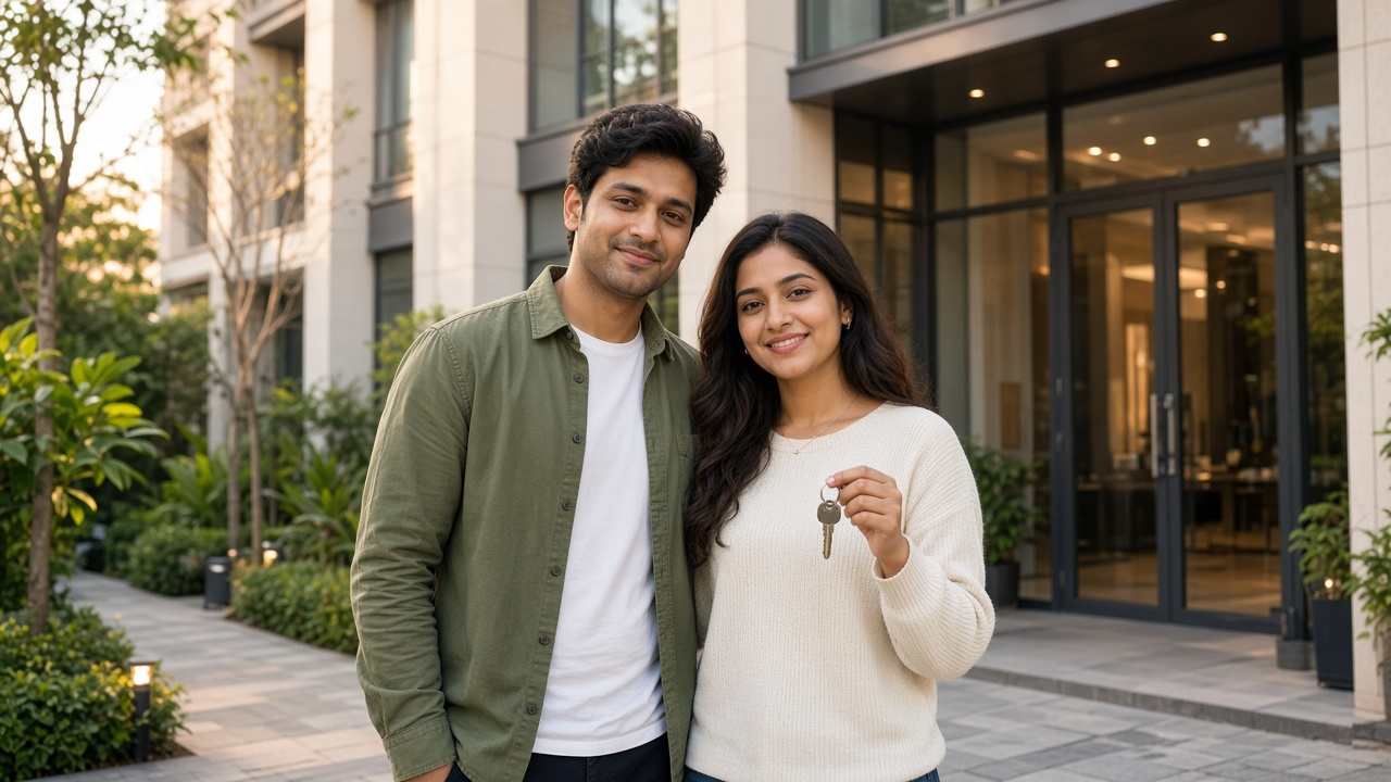 New homeowners with keys outside a modern apartment building