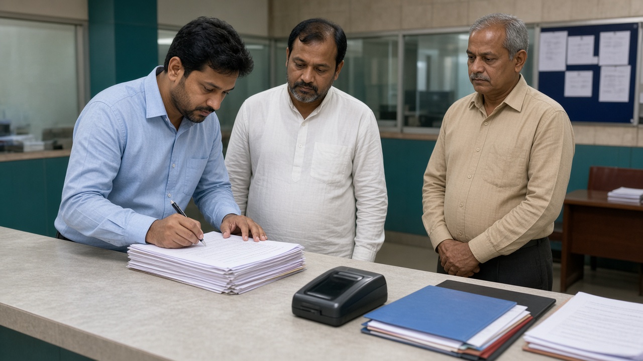 Buyer and seller at a sub-registrar counter completing a property deed with a witness