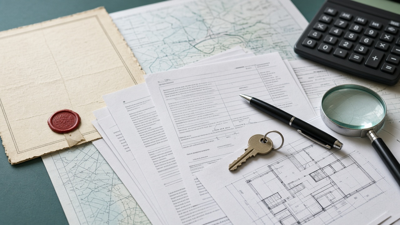 Property title papers, a floor plan, keys and a calculator laid out for due diligence