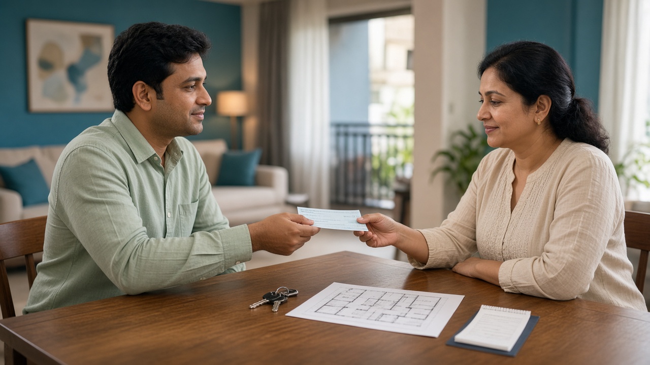 Buyer and seller exchanging a cheque at a table with apartment keys and a floor plan