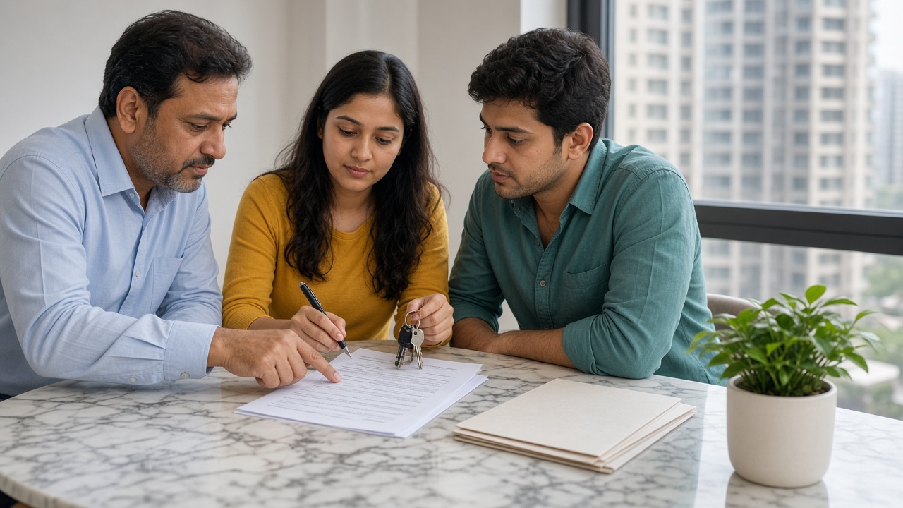 Landlord and tenants reviewing a rent agreement and keys in a Noida apartment